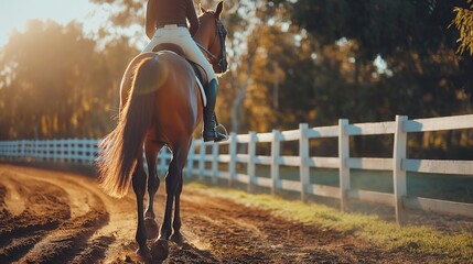 Passion for horse riding. A healthy lifestyle and curiosity about animal activities. A girl rides a horse in a corral - obrazy, fototapety, plakaty