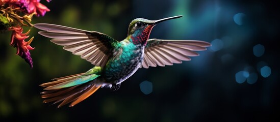 An electric blue hummingbird with delicate wings hovers near a flower, showcasing the beauty of wildlife. This event of nature highlights the birds beak as a pollinator in perfect balance