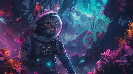 Anthropomorphic cat astronaut exploring a lush alien flora in a fantasy setting - obrazy, fototapety, plakaty