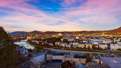 The historic city of salzburg while sunset in Autumn scene