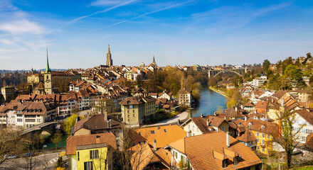 Beautiful view of the old city center and Nydeggbrucke bridge over river Aare,Bern ,Switzerland