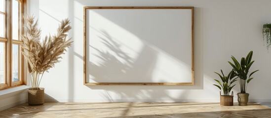 Large landscape wooden frame mockups in various sizes like 50x70, 20x28, A3, and A4 are displayed on a white wall.