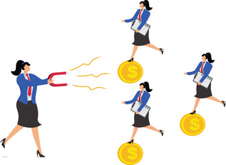 The attraction of money, the opportunity to make money in business investment or business finance, more profits and rewards, equidistant businesswomen run toward the magnet attracting gold coins
