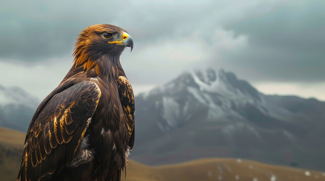 A large Eagle of prey rests on the summit of a mountain, overlooking the vast landscape below