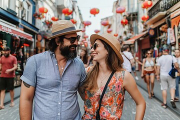 Obraz premium A man and woman are walking down a street with a crowd of people around them. The man is wearing a hat and sunglasses, and the woman is wearing a floral dress