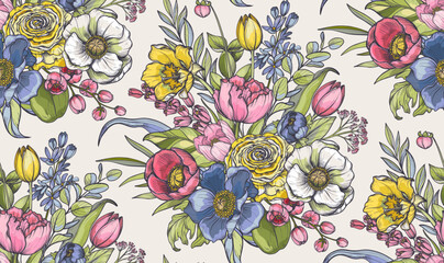 Vector seamless pattern with bouquets of spring flowers, leaves and branches. Endless floral background