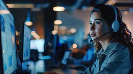 focused female call center agent diligent and dedicated managing tasks on a computer within the central customer service hub professional worker in business support office