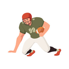 American college football player bent down with ball vector illustration, cartoon athlete number 99 playing rugby