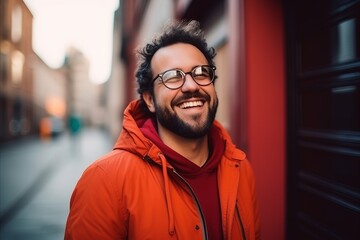 Portrait of a handsome hipster man in red jacket and glasses on the street - obrazy, fototapety, plakaty