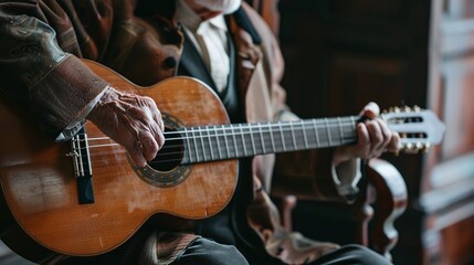 elderly man performing spanish traditional music with acoustic guitar in classical suit at concert