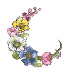 Vector wreath of spring flowers, leaves and branches. Different flowers, tulips, anemones and other plants in beautiful bouquet.