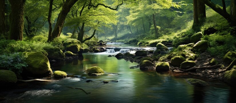 The serene image captures a narrow stream running through a vibrant and dense green forest environment, illustrating pure nature beauty.