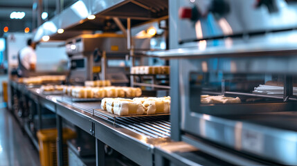 Baking pans with freshly baked hot bread are leaves of the oven by a conveyor belt at an industrial bakery. Production of bakery products. Bread factory, Generative Ai