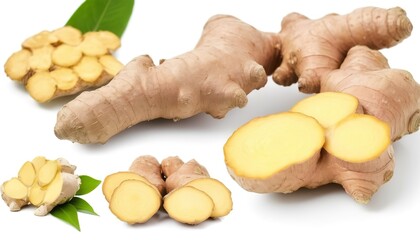 collection fresh ginger on white background