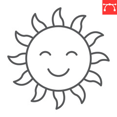 Sun character line icon, summer and weather, happy sun vector icon, vector graphics, editable stroke outline sign, eps 10.