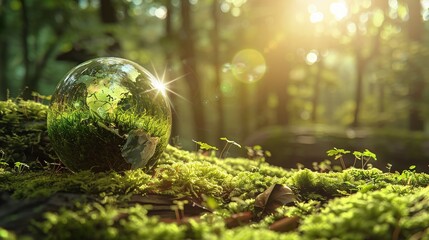 abstract sunlight filtering through green globe with moss in a forest environment illustrating ecological balance