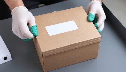 delivery man hand in latex gloves holding card box