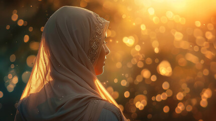 A woman wearing a headscarf looking up at the sun in contemplation - obrazy, fototapety, plakaty