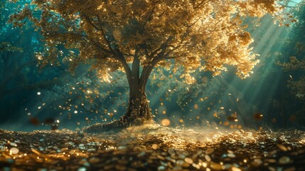 Golden tree with falling coins - obrazy, fototapety, plakaty