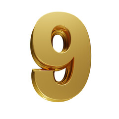 Golden number 9 on transparent background