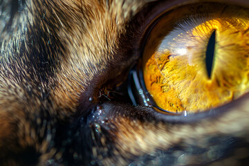 There is a close up of a cats eye with a yellow iris.