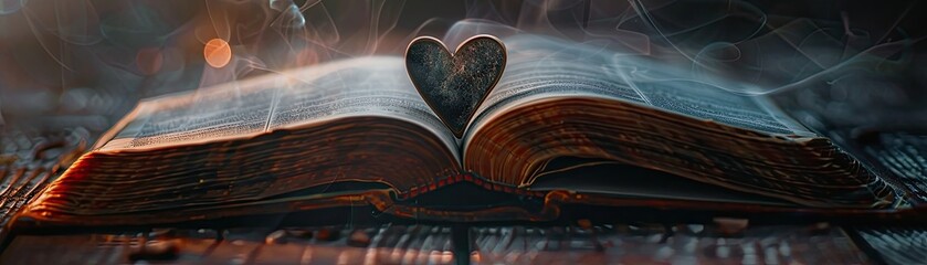 A background featuring an old open book with the pages naturally forming a heart shape in the center - obrazy, fototapety, plakaty