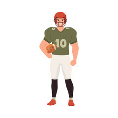American college football player standing with ball vector illustration, cartoon athlete number 10 in helmet, rugby
