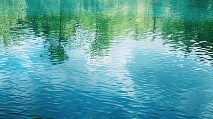 A tranquil water surface reflection in soft blues and greens - obrazy, fototapety, plakaty