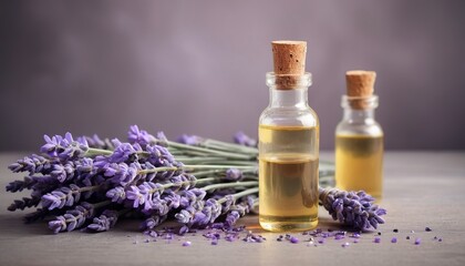 Obraz na płótnie Canvas Essential lavender oil and flowers on table with copy space