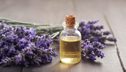 Obraz na płótnie Canvas Essential lavender oil and flowers on table with copy space