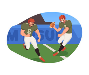 American college football players on field stadium in action, vector cartoon athletes in uniform helmet playing rugby