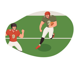 American college football players on field stadium in action cartoon vector, athletes in uniform helmet playing rugby