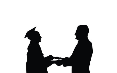 Business man giving  certificate to young employee for achievement. Graduate person receiving qualification and education degree or diploma. Flat vector illustration isolated on white.