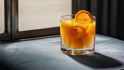 A glass of orange juice ice cubes