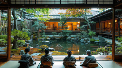 Traditional Japanese homes. People meditate after a meal. 