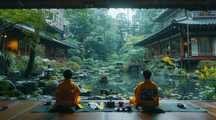 Traditional Japanese homes. People meditate after a meal. 