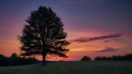 Obraz na płótnie Canvas Majestic Lone Tree Against a Vibrant Sunset Sky in a Serene Field