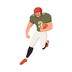 Fototapeta na wymiar American college football player running with ball vector illustration, cartoon athlete number 3 in helmet playing rugby