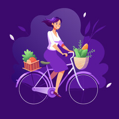 Fototapeta na wymiar Girl on Bike for World Bicycle Day (June 3rd), National Bike Month (May - varies), Bike to Work Day (varies), Car-Free Day (September 22nd) - Vector Illustration
