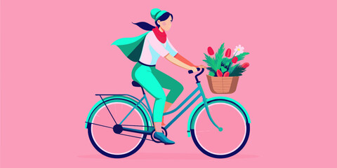 Girl on Bike for World Bicycle Day (June 3rd), National Bike Month (May - varies), Bike to Work Day (varies), Car-Free Day (September 22nd) - Vector Illustration

