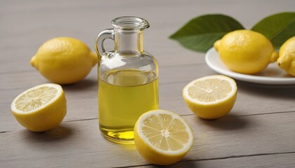 glass container of oil and lemon on table