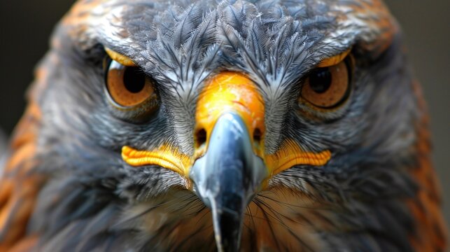 fierce hawk eagle face closeup, powerful bird of prey, wildlife predator, majestic nature animal, strong raptor with sharp beak and fierce eyes, forest sky background