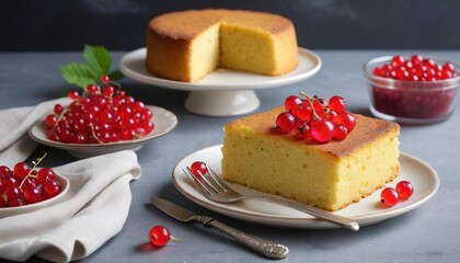 Gluten free cornmeal cake served with red currant