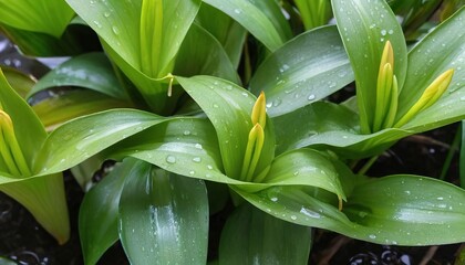 green leaves pattern with drop of water,leaf Tradescantia spathacea or Boat Lily, Candle Lily in the garden