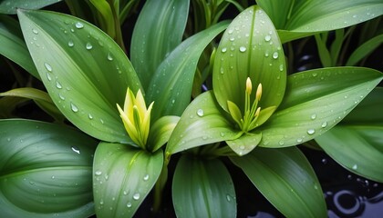 green leaves pattern with drop of water,leaf Tradescantia spathacea or Boat Lily, Candle Lily in the garden