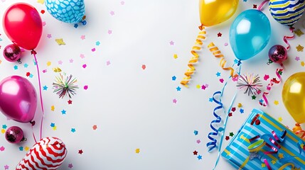 Vibrant Birthday Party Decorations Setup with Balloons and Confetti. Festive Background Concept with Copy Space. Celebratory Mood Captured in Bright Colors. Ideal for Invitations and Announcements. AI