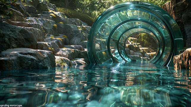  waterfall in the jungle, 3d render of a portal on a simple ancient stone bridge over a peaceful river

