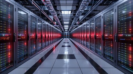 Futuristic data center with illuminated red servers