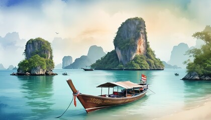 long tail boat and island in Thailand sea ,watercolor digital painting style - obrazy, fototapety, plakaty