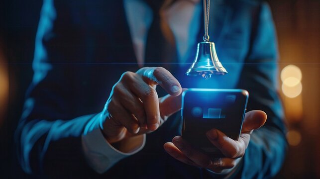 businessman's phone rings a virtual bell for a notification alert in social media concept of communication technology